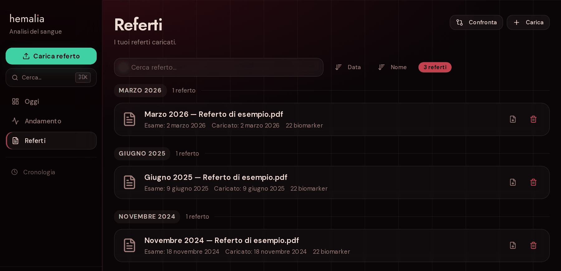 La schermata Referti dell'app: tre referti di esempio elencati per mese, ognuno con la data dell'esame, la data di caricamento e il numero di biomarcatori estratti.